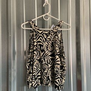 Nicole Miller Black and Cream Linen Floral Blouse